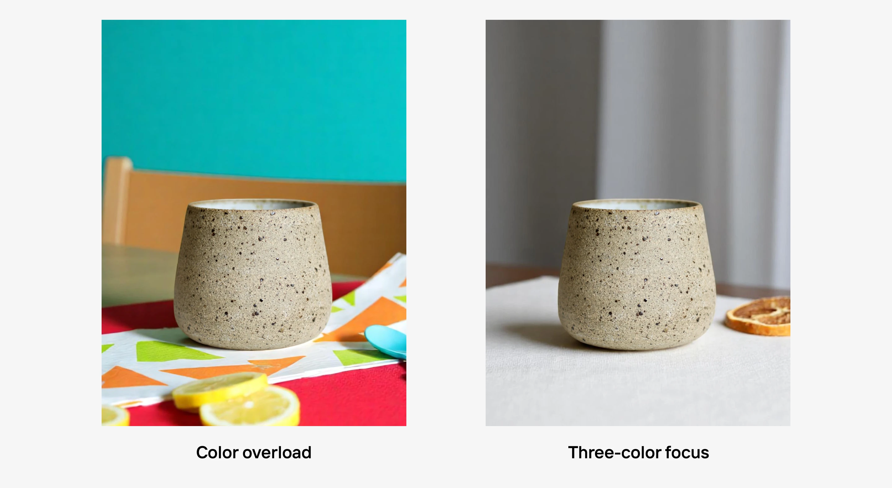 Side-by-side visuals comparing color overload with balanced, three-color product styling
