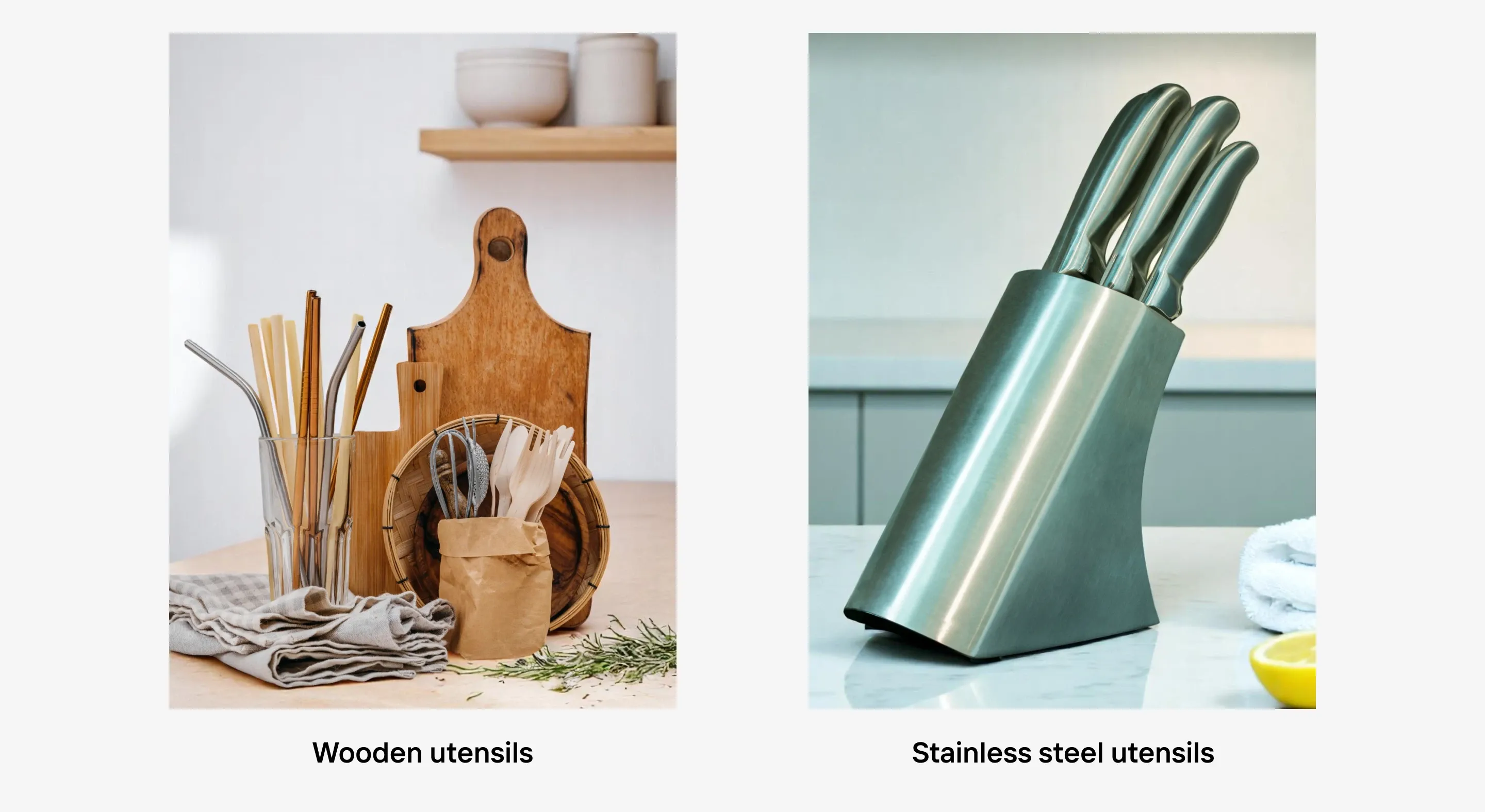 Wooden utensils styled with earthy props beside sleek stainless steel knives on a counter