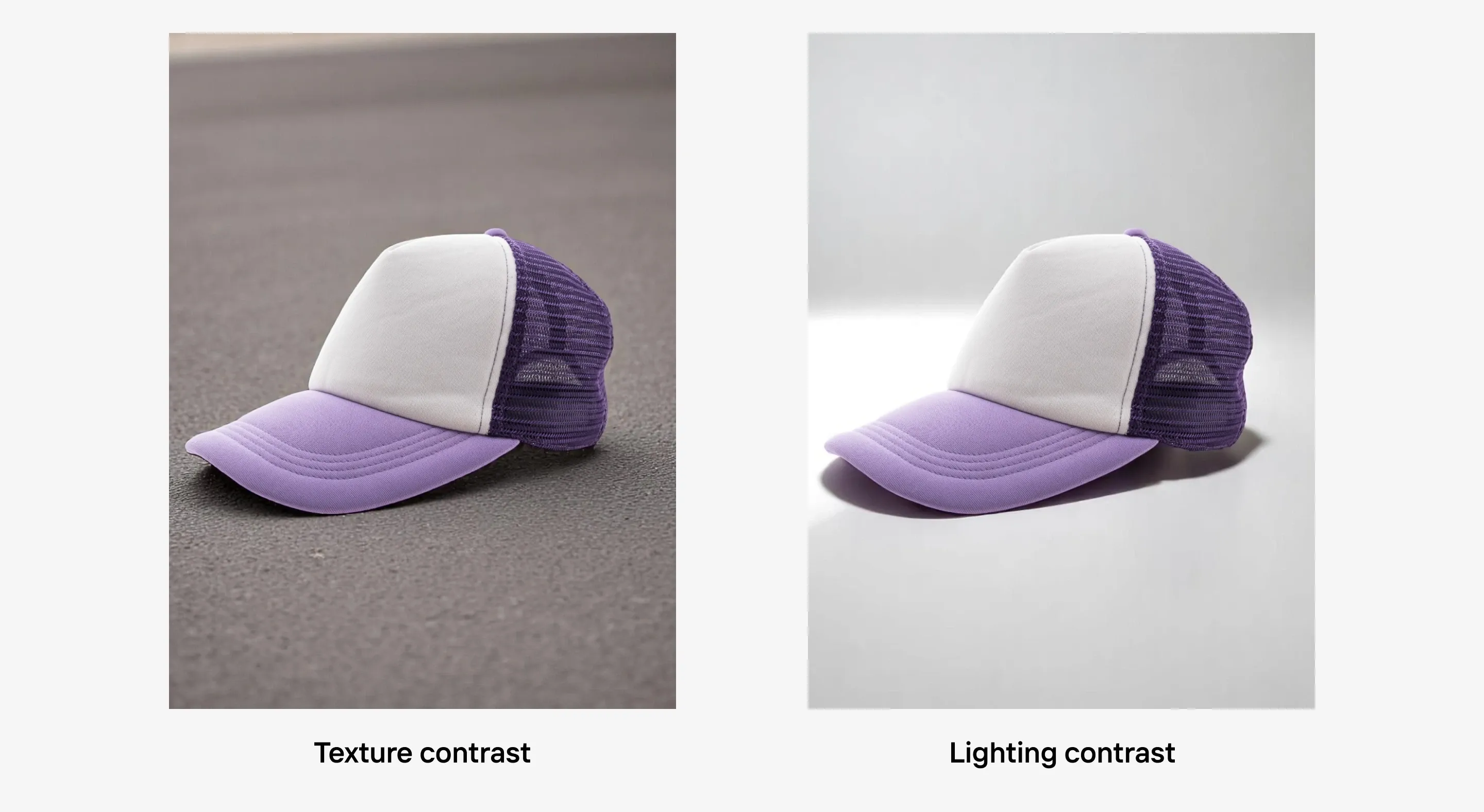 Purple and white cap shown on textured ground and lit surface to compare visual contrast types