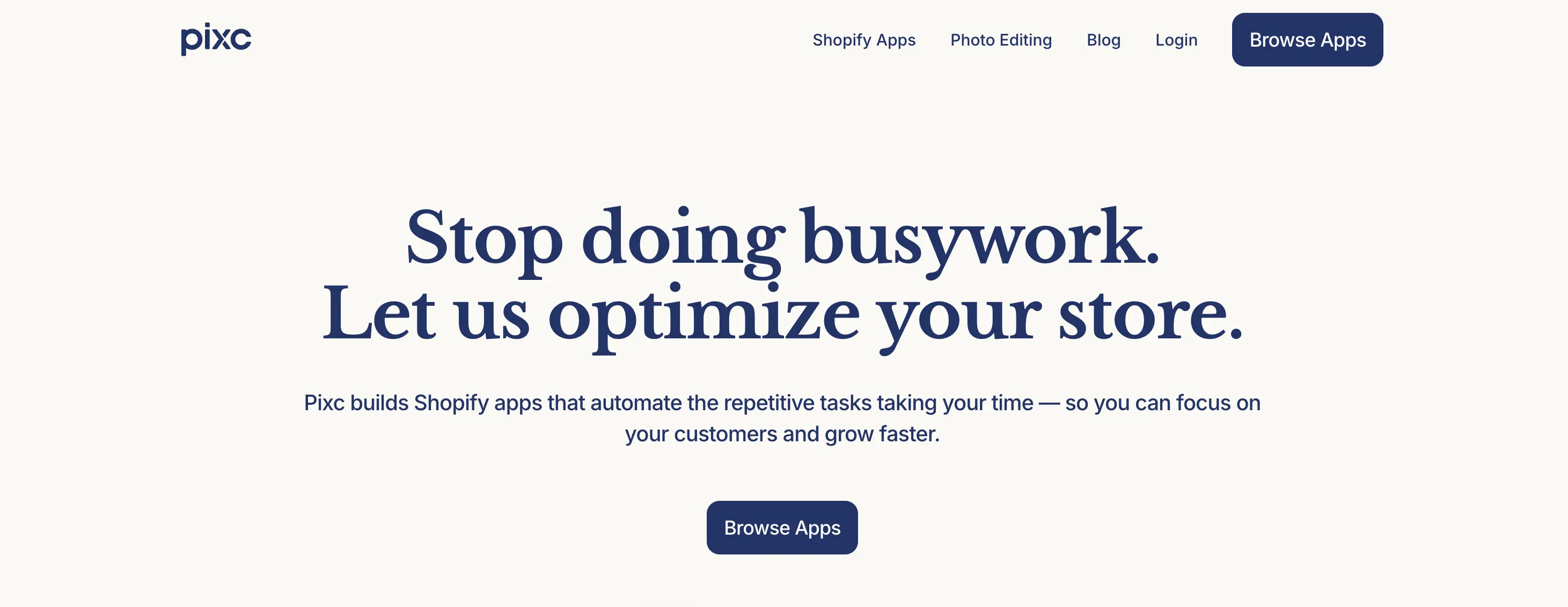 Website homepage with text promoting Shopify app optimization, offering to reduce busywork and enhance customer focus. Features "Browse Apps" button.