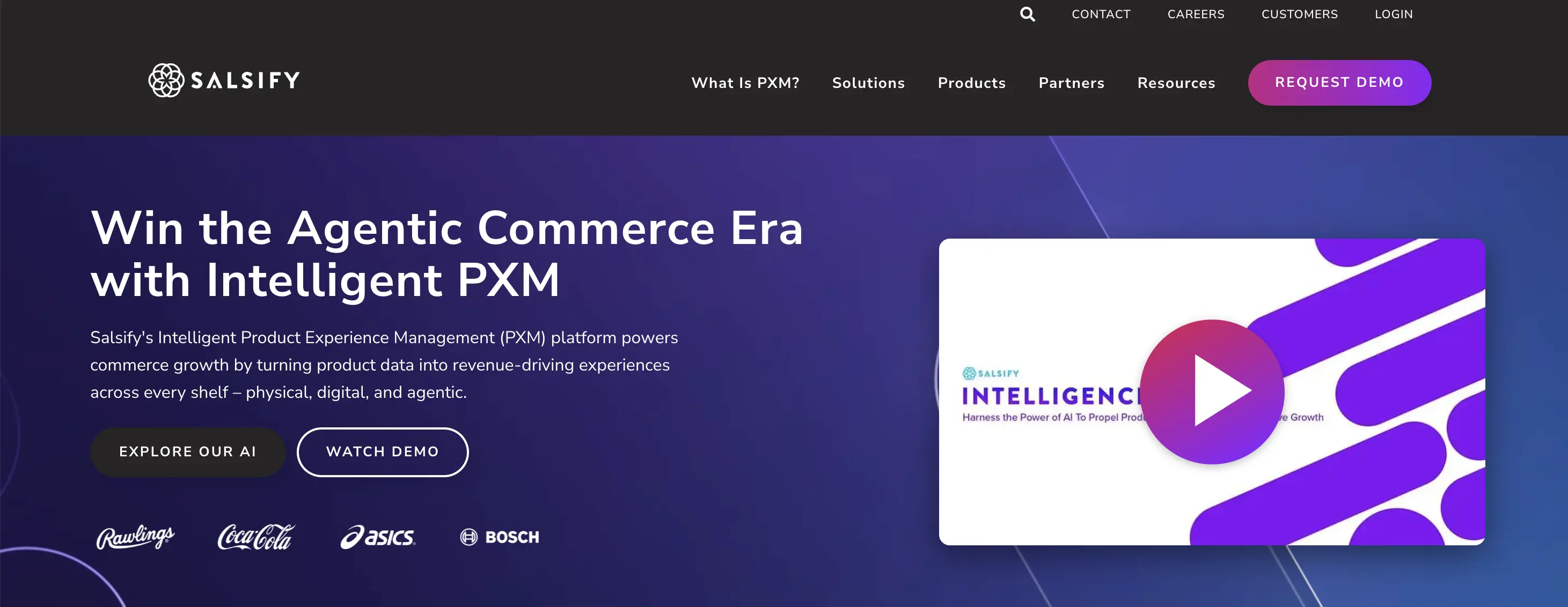 Salsify's platform promotes commerce growth using Intelligent PXM, featuring options to explore AI and watch a demo with partner logos displayed.