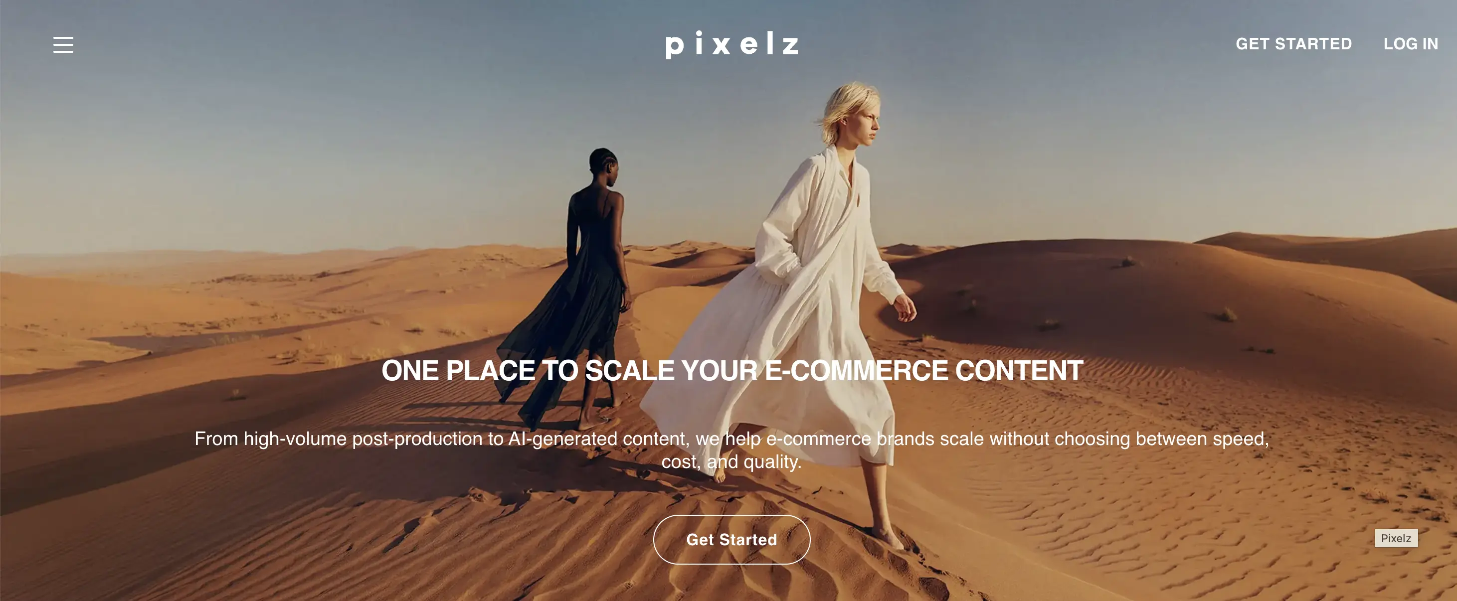 Two people walking on sand dunes, one in a black dress, the other in white, under a clear sky. Text overlays about e‑commerce content scaling.