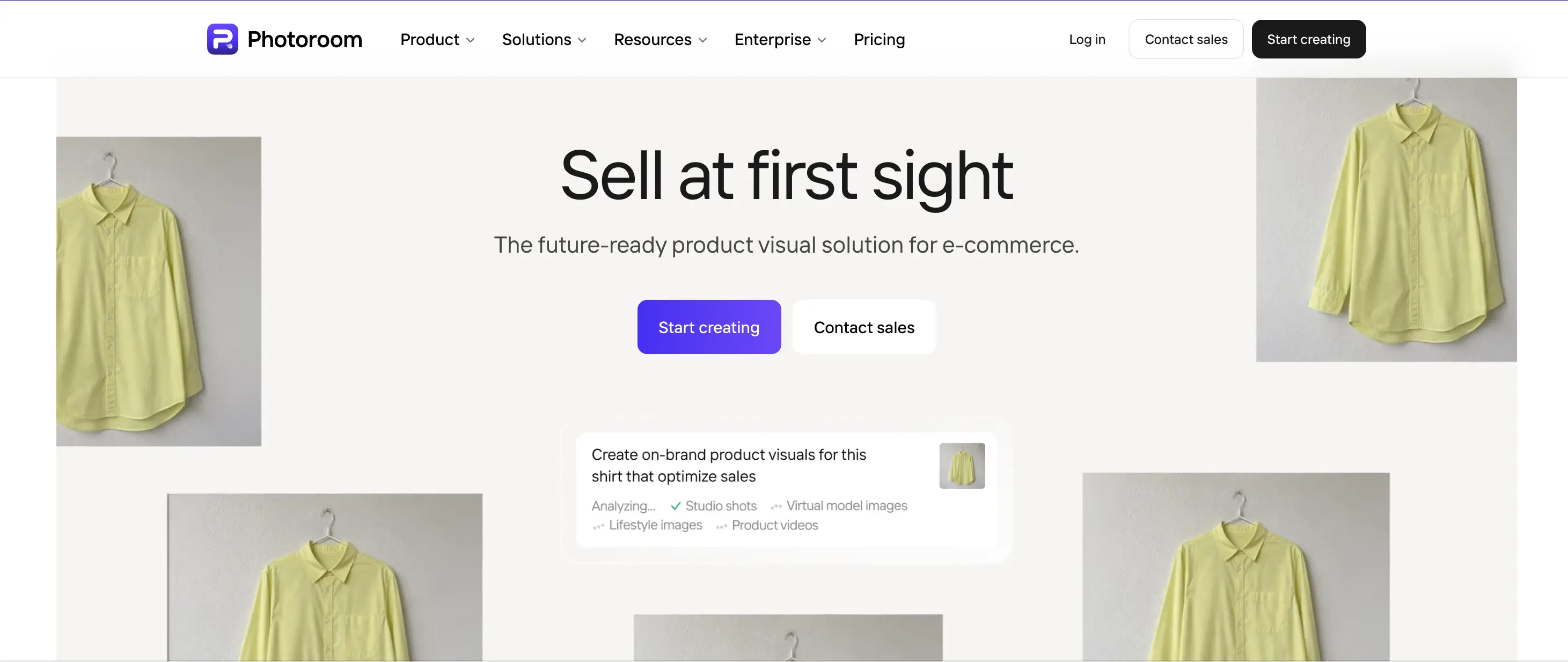 Website homepage for PhotoRoom featuring yellow shirts and buttons for "Start creating" and "Contact sales."