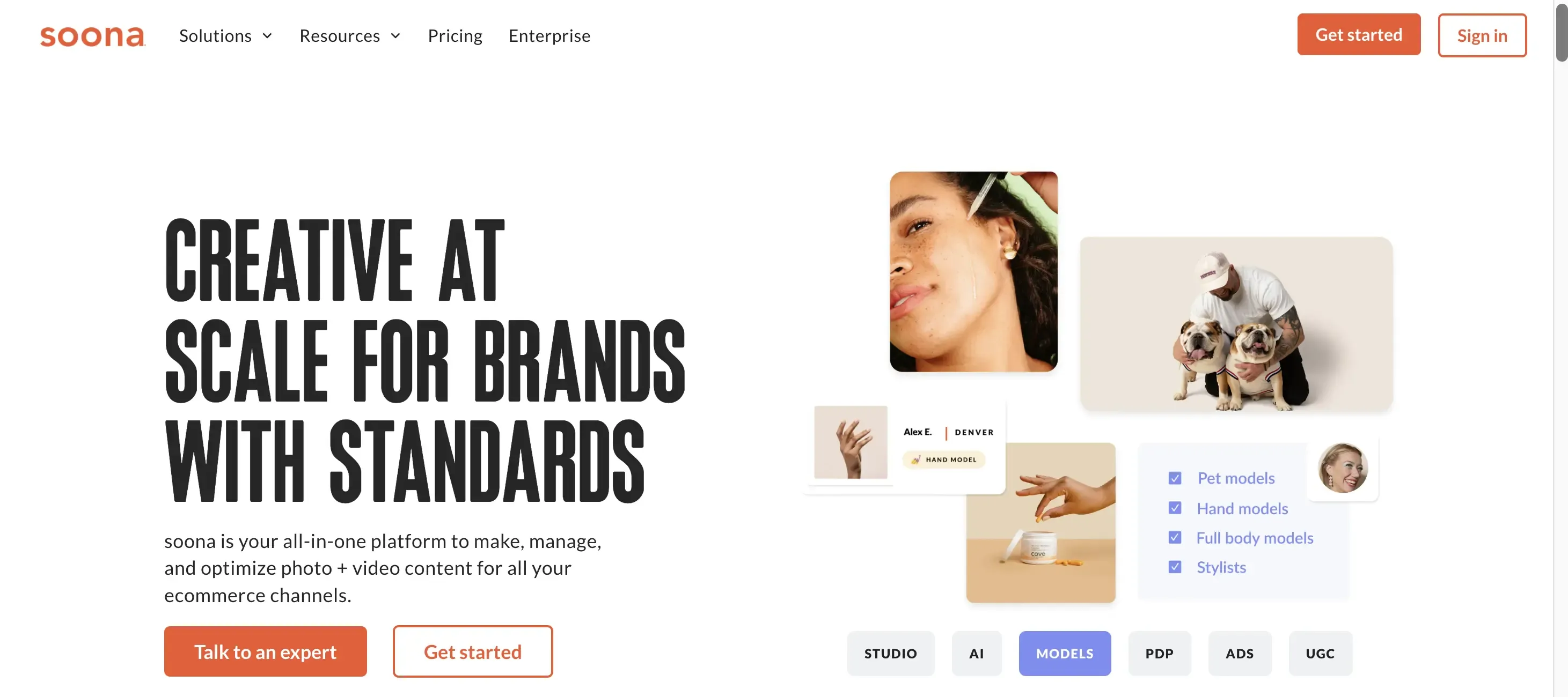 Promotional webpage for Soona, showcasing creative services with images of models, a person with bulldogs, and options for different model types.
