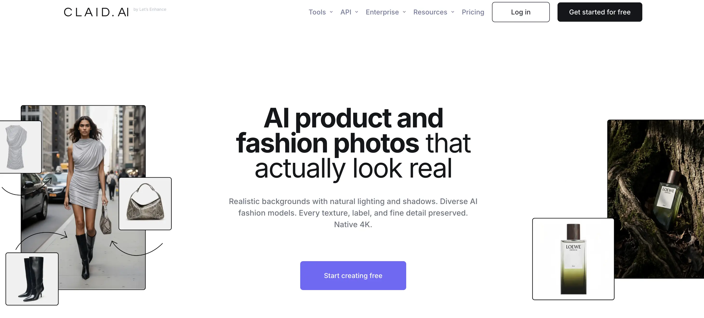 Website screenshot of CLAID.AI, featuring AI-enhanced fashion and product photography. Central image shows a model in a silver dress and boots. Product image of a perfume bottle.