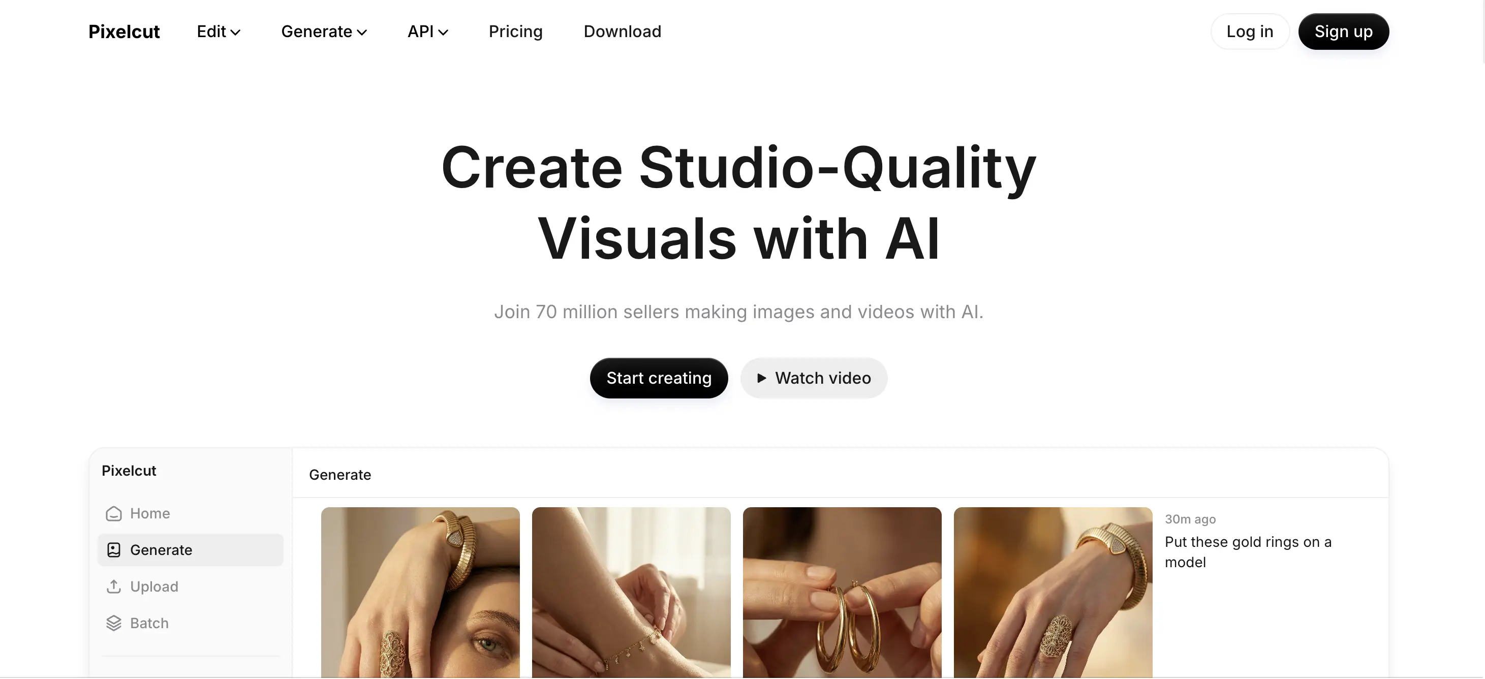 Website screenshot showing "Create Studio-Quality Visuals with AI" headline, navigation menu, and jewelry images in a grid below.