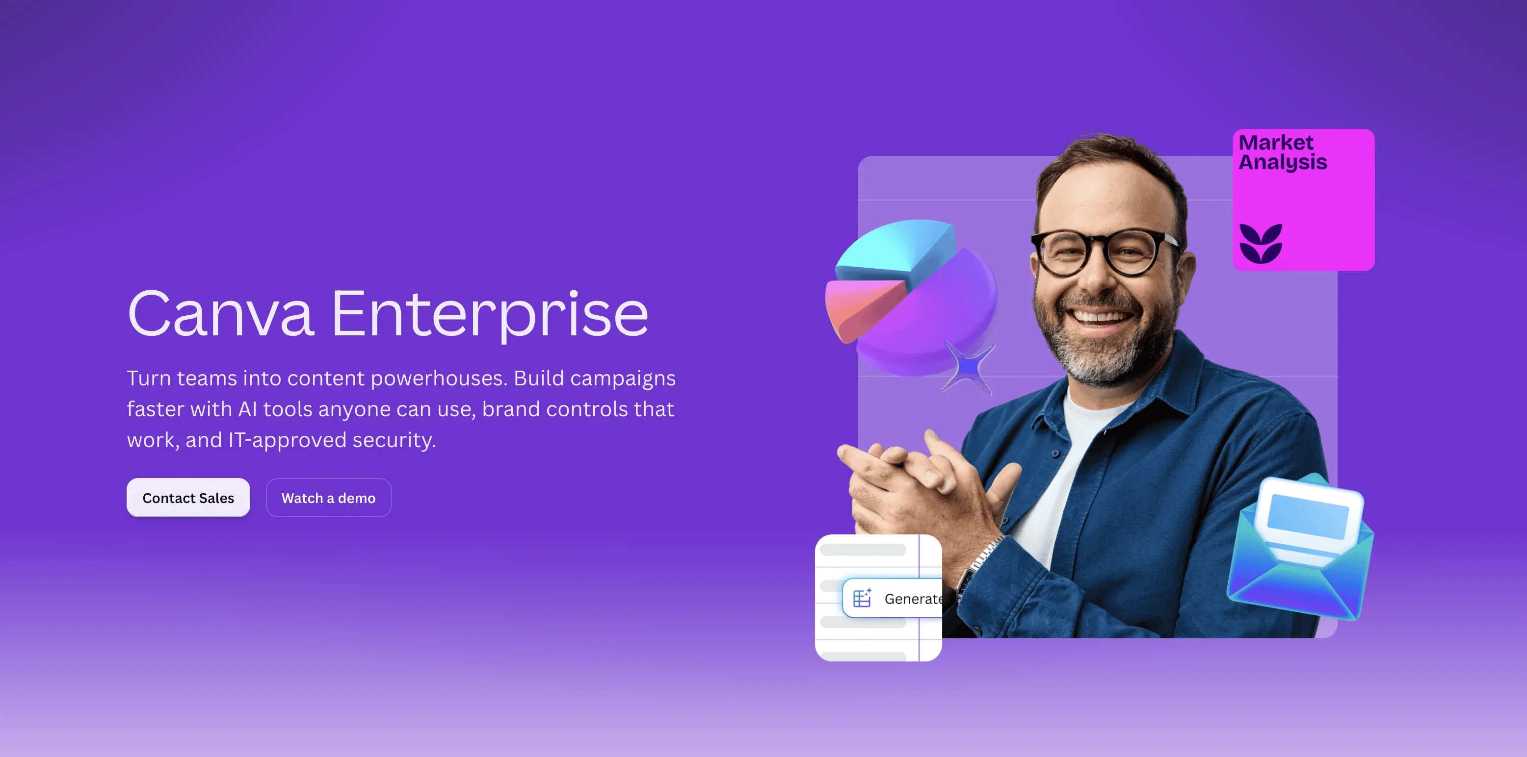 Smiling man against a purple background promoting Canva Enterprise with icons of market analysis and digital tools.