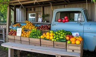 A photograph depicts a rustic roadside fruit stand, partially shaded by a weathered wooden awning. A faded light-blue vintage pickup truck is parked behind the stand, its hood adorned with several pomegranates. The stand overflows with vibrant fruits: mangoes, papayas, oranges, limes, cucumbers, and more, arranged in wooden crates. The lighting is natural, dappled sunlight filtering through leaves, creating a warm, slightly hazy atmosphere. The overall aesthetic is vintage, rustic, and evokes a sense of rural charm. The colours are rich and saturated, with the bright hues of the fruits contrasting against the muted tones of the truck and wood. A simple wooden bench sits in front of the stand. A handwritten sign on the stand reads "SALE $3.50". The font is a simple, sans-serif style, likely hand-painted. The image is composed using a slightly low angle, emphasizing the abundance of fruit and the truck's worn condition. No synthetic elements are apparent. The vibe is relaxed, idyllic, and nostalgic.