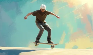 A digital painting depicting a skateboarder in motion. The composition is a dynamic, slightly low-angle shot of a male skateboarder wearing a white helmet and olive green t-shirt and jeans, executing a trick. The background is an abstract wash of teal, light green, and beige, suggesting a sunny outdoor setting. The style is painterly, with visible brushstrokes creating a sense of movement and energy. The lighting is bright, with a sunlit feel, highlighting the skateboarder's form against the textured background. The overall aesthetic is vibrant, energetic, and slightly nostalgic, evoking a sense of freedom and youthful rebellion. The colours are muted yet saturated, creating a harmonious balance between the figure and the background. The vibe is active, dynamic, and expressive. There is no text in the image. The image is a digital painting, not a photograph, and contains no synthetic elements beyond those inherent to digital painting.