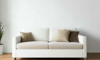 A photograph depicts a minimalist living room interior. The composition centers on a white sofa with a beige cushion and brown throw pillows. The sofa is positioned against a plain white wall. Natural light streams in from an unseen window, casting a soft shadow on the wall. The floor is whitewashed wood. The overall aesthetic is calm, serene, and modern, with a muted color palette of white, beige, and brown. The image evokes a feeling of tranquility and simplicity. There are no synthetic elements visible. The lighting is soft and diffused, creating a gentle atmosphere. The style is Scandinavian minimalist. The vibe is peaceful and relaxing.