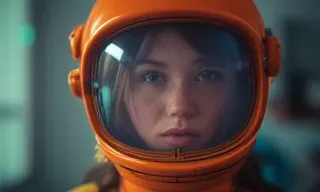 A photograph depicting a close-up portrait of a young woman with freckles wearing a vintage-style, bright orange astronaut helmet. The helmet's visor is clear, showing the woman's face and some of her brown hair. Her expression is serious and contemplative. The background is blurred, suggesting a depth of field effect, with muted teal and gray tones. The lighting is soft and diffused, creating a moody atmosphere. The overall aesthetic is retro-futuristic, blending vintage elements with a modern, slightly melancholic feel. The color palette is dominated by the orange of the helmet and the muted background colors. The image has a cinematic quality, with a focus on mood and atmosphere. No synthetic elements are apparent. The style is realistic portraiture with a strong emphasis on lighting and color grading. The vibe is introspective and mysterious. There is no text in the image.