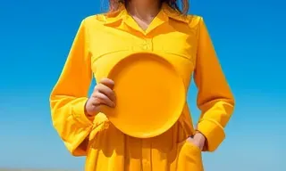 A photograph depicts a woman wearing a vibrant yellow jumpsuit holding a similarly colored circular plate in front of her torso. The image is a medium shot, focusing on the woman and the plate. The jumpsuit is a solid, bright yellow, with a collared, button-down design and large pockets. The fabric appears to be a lightweight material, possibly cotton or a similar blend. The plate is a simple, round shape, smooth and glossy, matching the jumpsuit's color perfectly. The woman's skin tone is light, and her hair is brown, partially visible around her face. Her expression is neutral, her gaze not directly visible. The background is a clear, unblemished, bright blue sky, suggesting an outdoor setting, possibly a beach or a sunny field. The lighting is natural, bright, and even, casting no harsh shadows, indicating a sunny day. The overall aesthetic is minimalist, with a strong emphasis on color contrast and simplicity. The style is reminiscent of 1970s fashion photography, with a retro vibe. The atmosphere is cheerful and sunny, conveying a sense of warmth and optimism. There are no synthetic elements visible in the image. The image is a single photograph, not a collage or graphic. There is no text in the image.