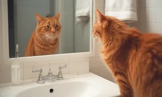 A photograph depicts an orange tabby cat standing in a bathroom, gazing at its reflection in a mirror above a sink. The cat is positioned on the right side of the frame, its body angled slightly away from the viewer. Its fur is a rich, warm orange with subtle variations in shade, appearing soft and slightly fluffy. The cat's reflection in the mirror is a near-perfect duplicate, creating a symmetrical composition. The mirror is framed in a simple, light-colored frame, and the background shows a portion of a white-tiled bathroom wall. A white porcelain sink with a chrome double faucet is positioned below the mirror. A small, clear glass bottle with a white label is visible on the counter next to the sink. The label has illegible text. A white towel hangs on the wall behind the mirror's reflection of the cat. The lighting is soft and diffused, creating a calm and serene atmosphere. The overall aesthetic is minimalist and slightly vintage, with muted colors and a focus on natural light. The image has a nostalgic and peaceful vibe. There are no synthetic elements. The image is a single photograph, not a collage or graphic. The text on the bottle is illegible.