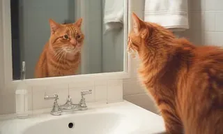 A photograph depicts an orange tabby cat standing in a bathroom, gazing at its reflection in a mirror above a sink. The cat is positioned on the right side of the frame, its body angled slightly away from the viewer. Its fur is a rich, warm orange with subtle variations in shade, appearing soft and slightly fluffy. The cat's reflection in the mirror is a near-perfect duplicate, creating a symmetrical composition. The mirror is framed in a simple, light-colored frame, and the background shows a portion of a white-tiled bathroom wall. A white porcelain sink with a chrome double faucet is positioned below the mirror. A small, clear glass bottle with a white label is visible on the counter next to the sink. The label has illegible text. A white towel hangs on the wall behind the mirror's reflection of the cat. The lighting is soft and diffused, creating a calm and serene atmosphere. The overall aesthetic is minimalist and slightly vintage, with muted colors and a focus on natural light. The image has a nostalgic and peaceful vibe. There are no synthetic elements. The image is a single photograph, not a collage or graphic. The text on the bottle is illegible.