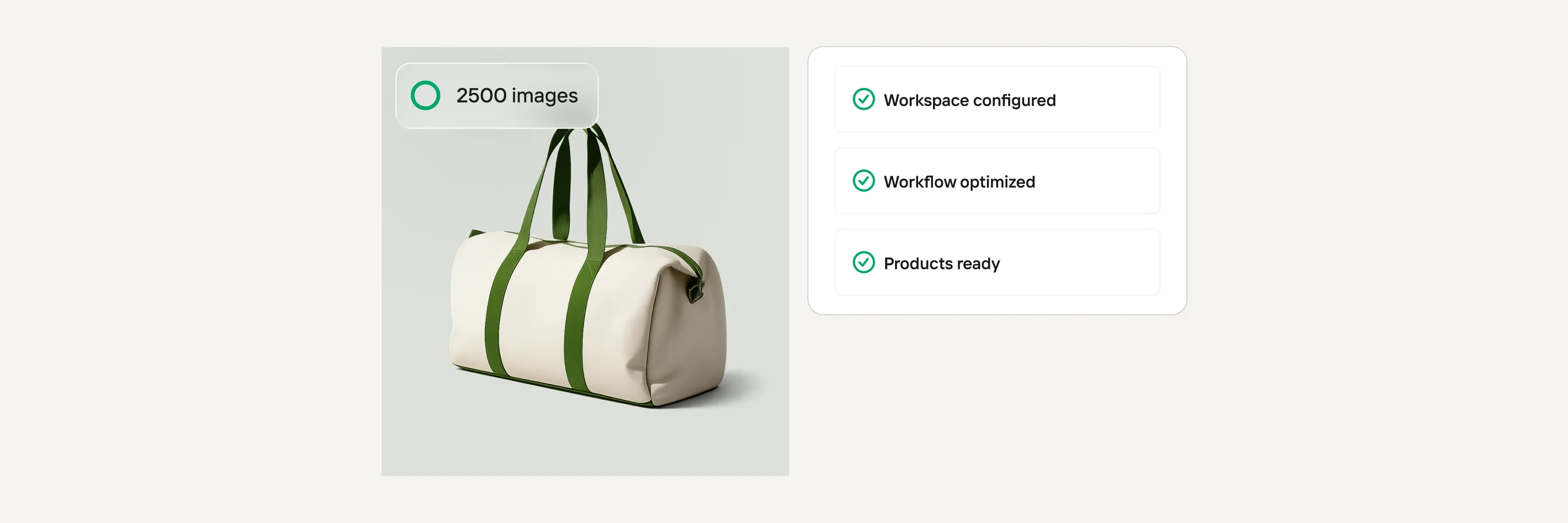 A beige duffel bag with green straps next to a checklist indicating 2500 images, workspace configured, workflow optimized, and products ready.