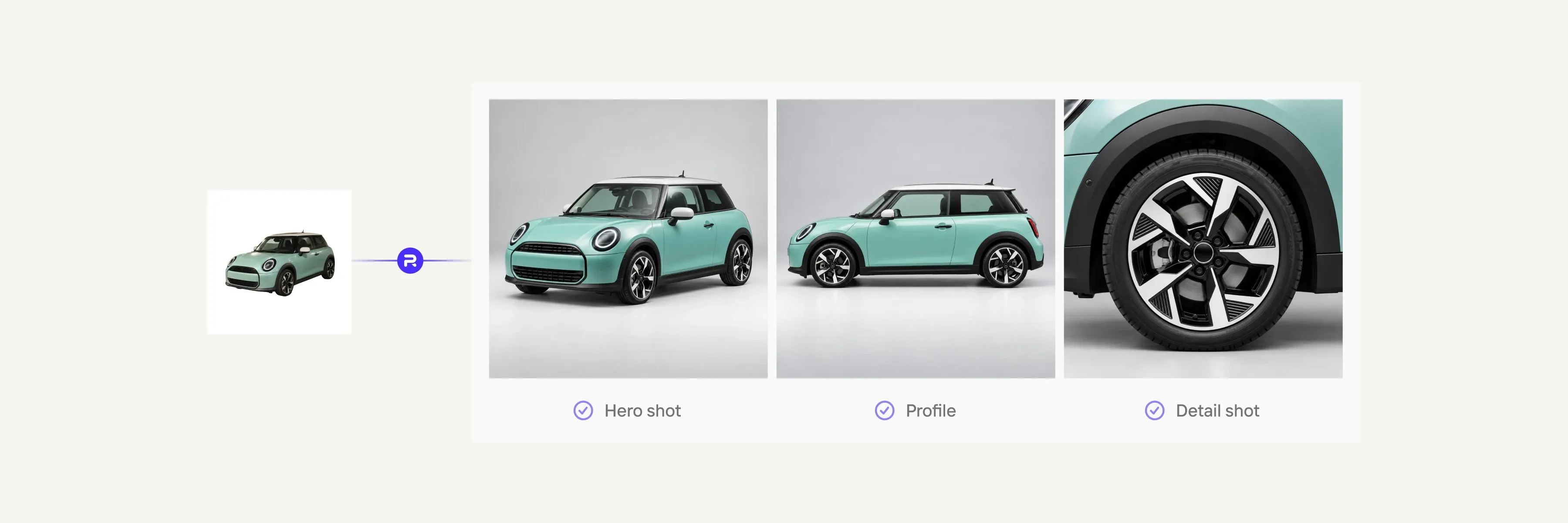 Three images of a light blue compact car: front angle (hero shot), side profile, and close-up of a wheel with unique rim design.