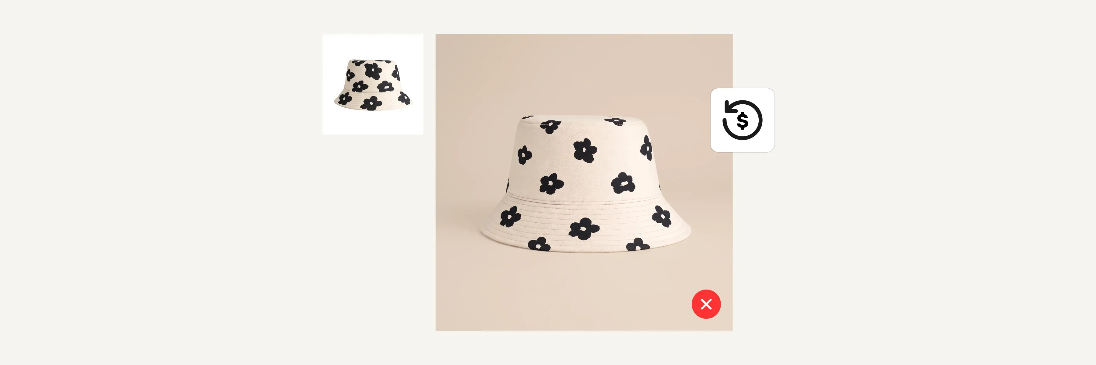 Beige bucket hat with black floral patterns on a neutral background, featuring small thumbnail of the hat and a price icon nearby.