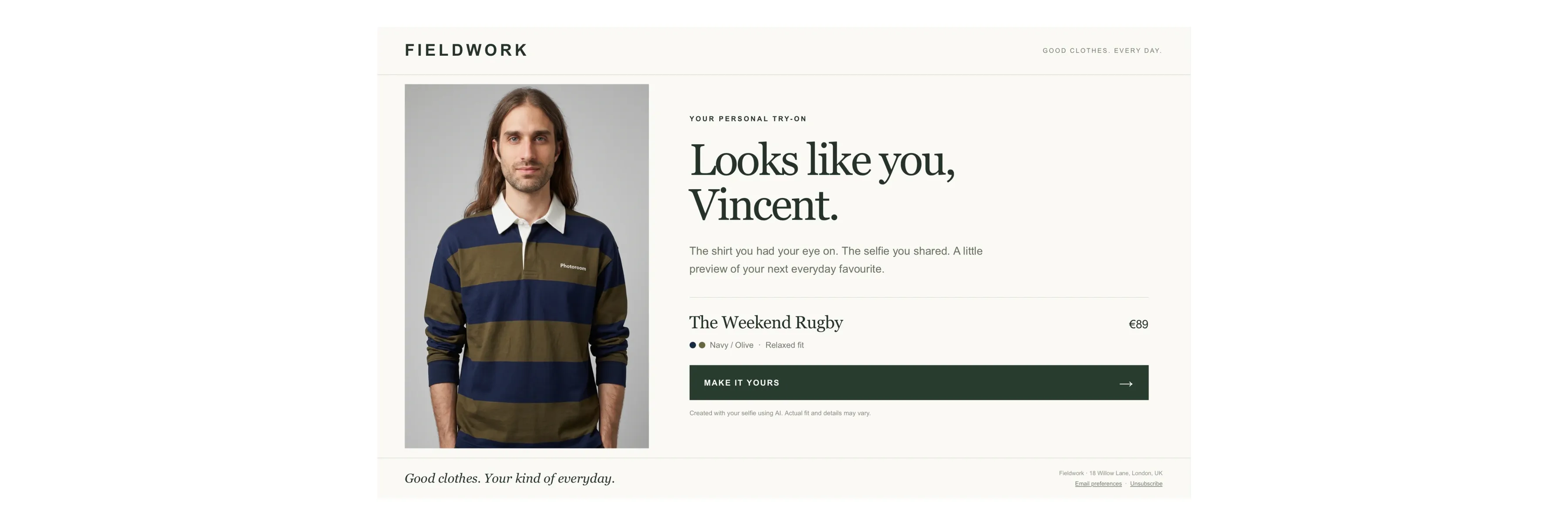 Marketing email that shows the shopper, Vincent, wearing a rugby shirt from a virtual try-on
