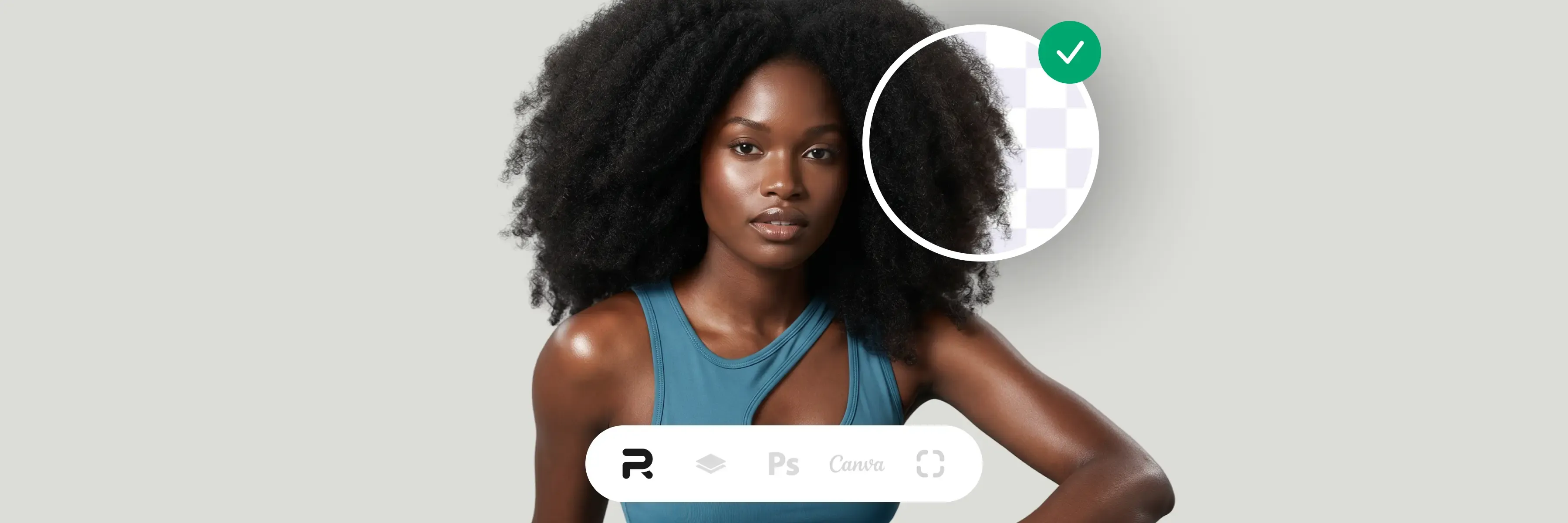 Woman with natural afro hair in a blue top, editing background in photo software, highlighted by a circle with a checkmark.