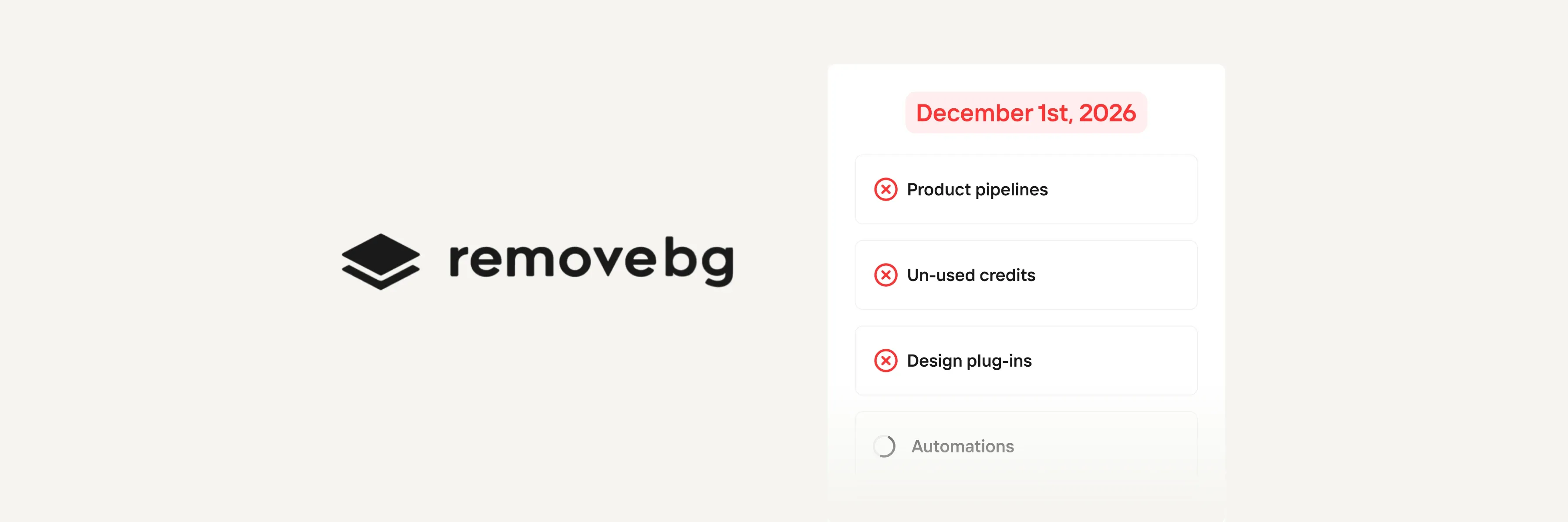 remove.bg logo next to a December 1st, 2026 checklist: product pipelines, unused credits and design plug-ins crossed out, automations still loading.