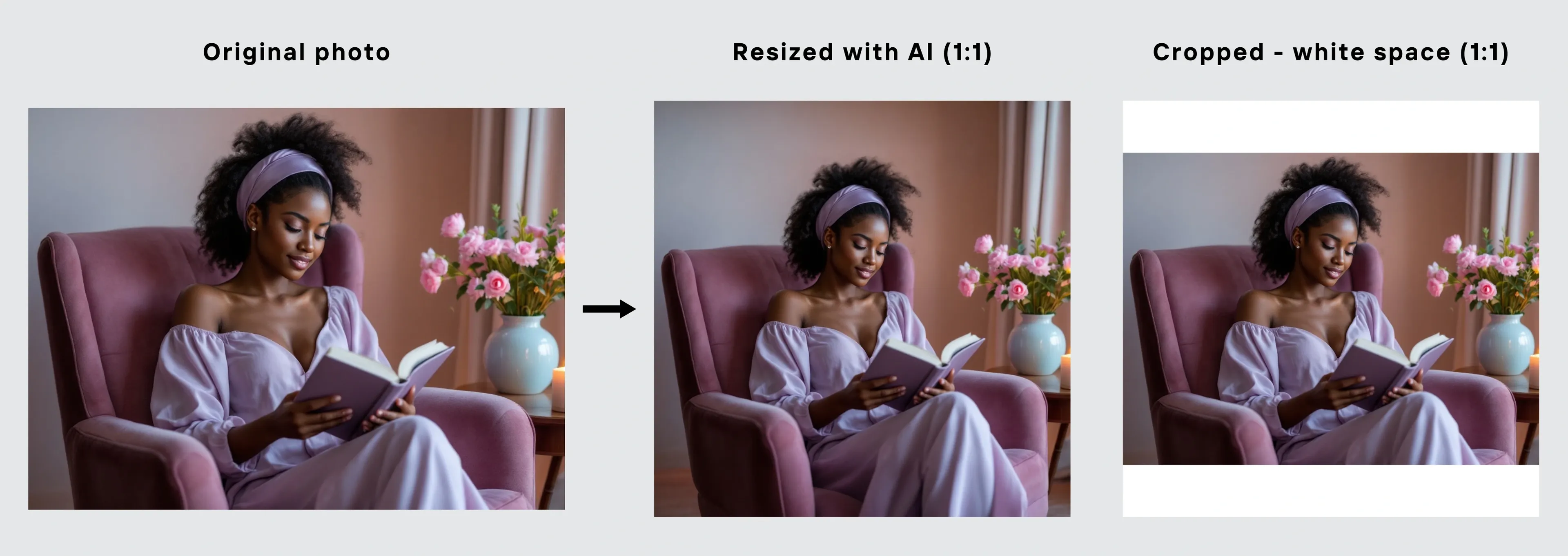 Comparison of an original photo, AI-resized version, and cropped version with white space.
