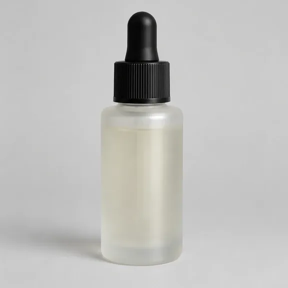 The same frosted serum bottle relit by the Photoroom API with bright, even light