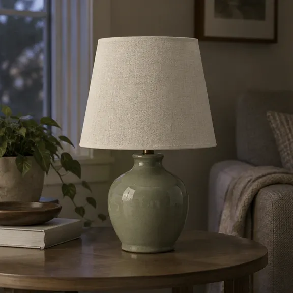 Seller photo of a sage green ceramic table lamp in a dim living room, before relighting