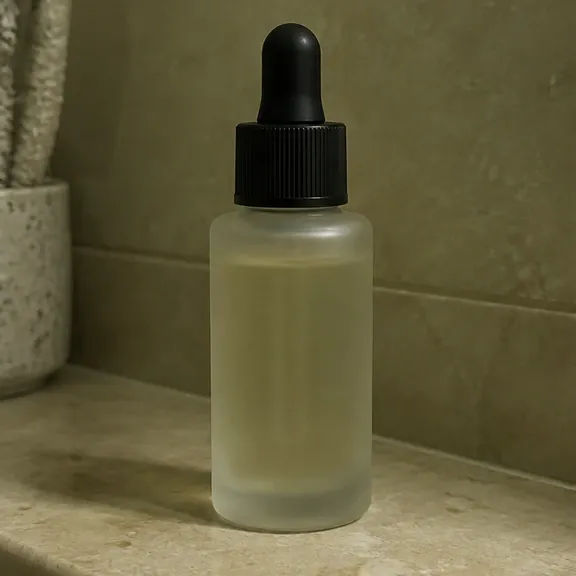 Seller photo of a frosted serum bottle on a dim bathroom shelf, before relighting