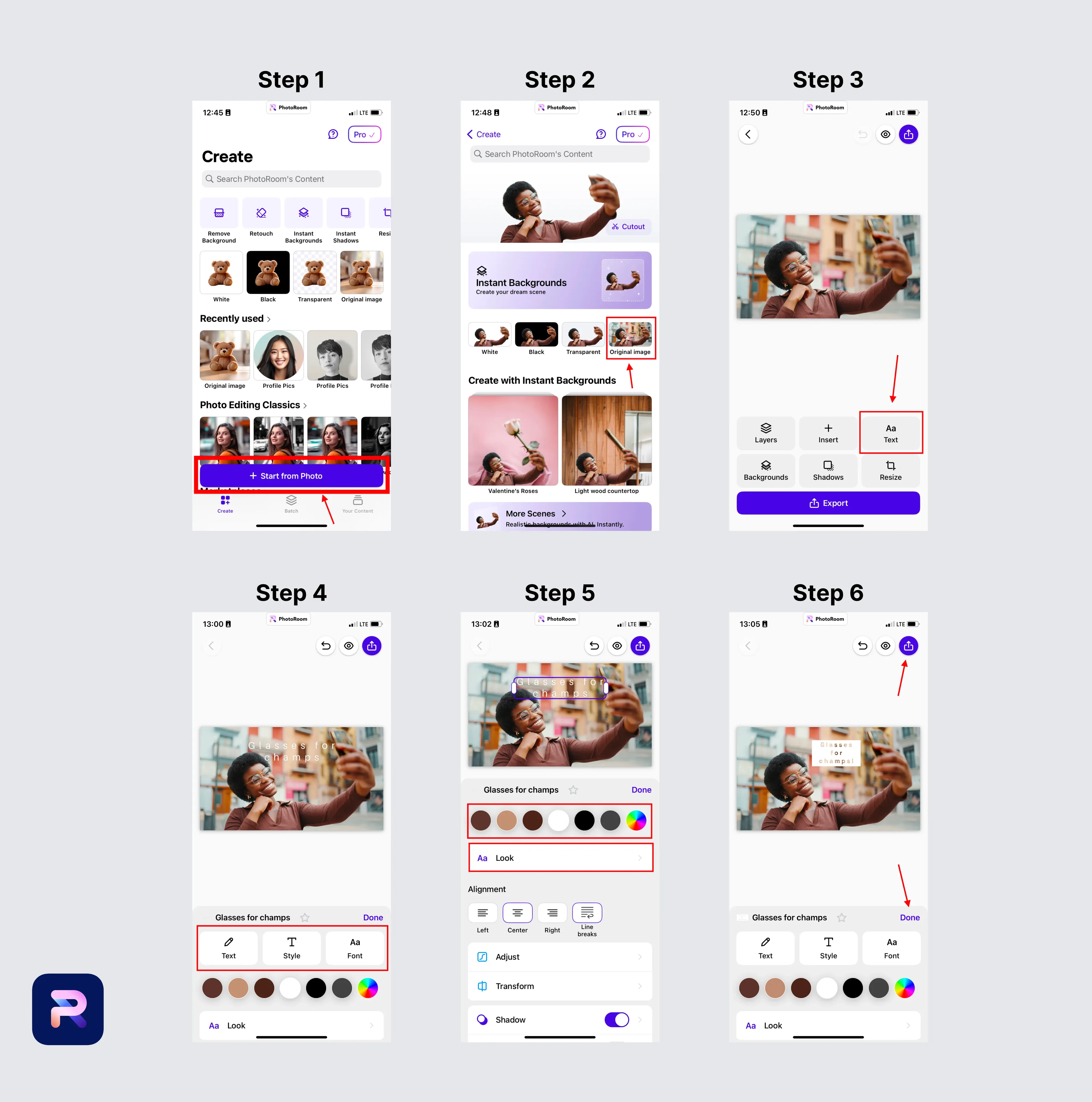 A six-step process for adding text to images on the photo editing app, Photopoom. The steps are presented on individual phone screens, demonstrating the workflow from selecting a photo to applying and editing text and making adjustments.