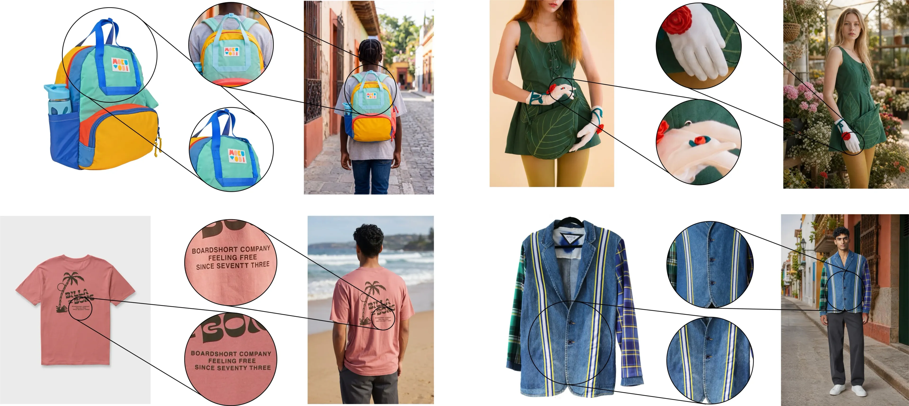 Top left: color shift on the backpack. Top right: flower detail missing. Bottom left: text on the t-shirt back has changed. Bottom right: extra button added on the blazer.