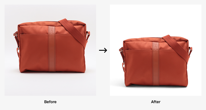 Burnt orange crossbody bag shown in before-and-after edit, background brightened to pure white.