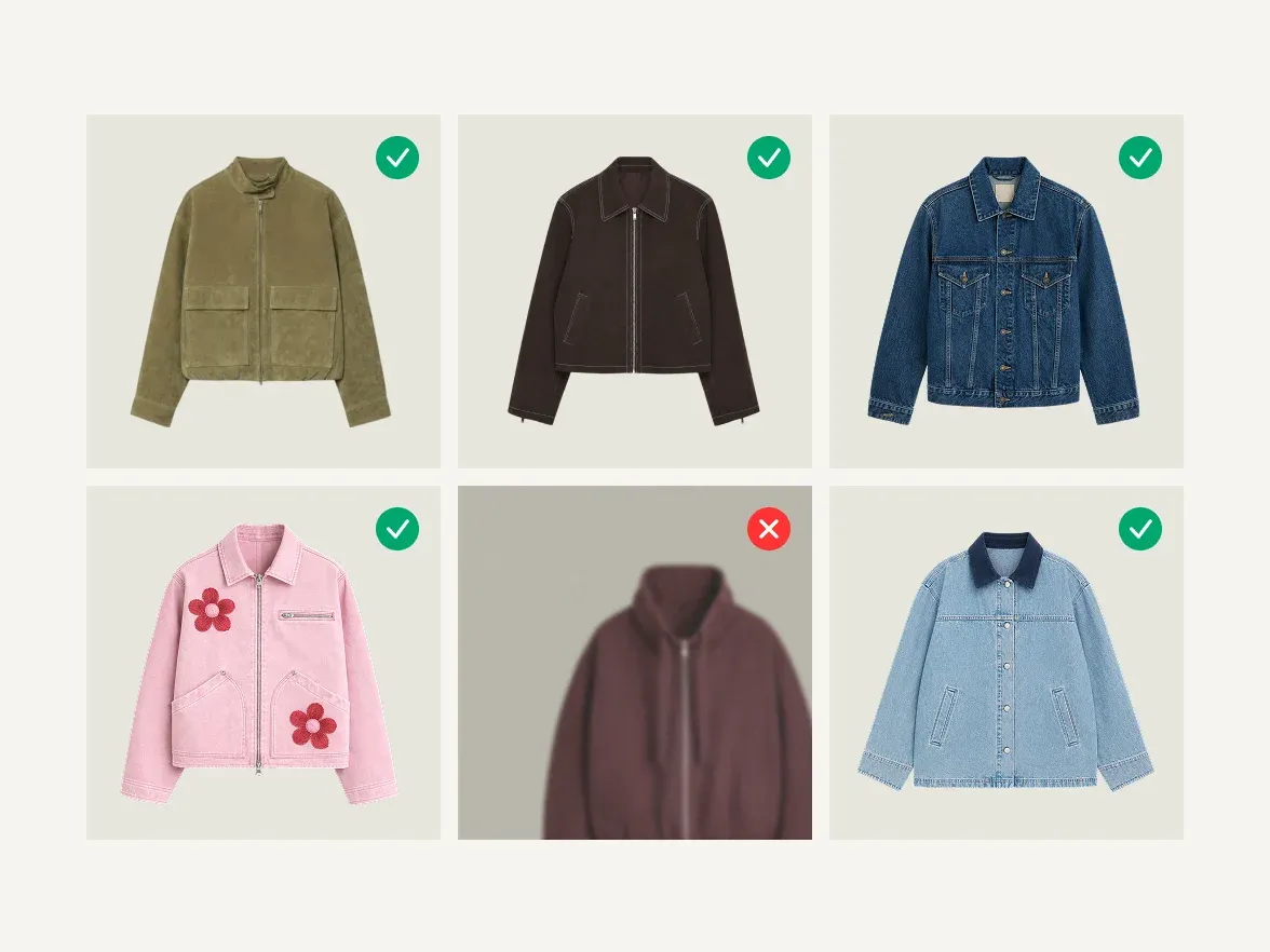 Six jacket photos from one store, five with matching backgrounds marked right and one off-style photo marked wrong