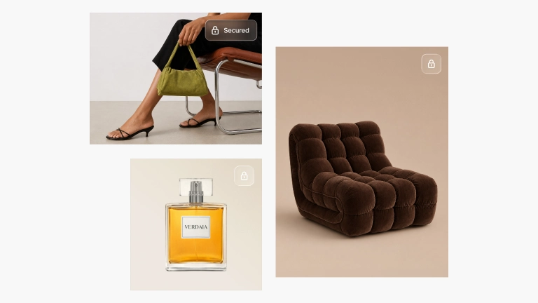 Three product images (a green suede handbag held by a seated model, a brown velvet lounge chair, and a Verdaia perfume bottle) each marked with a padlock badge, one labelled "Secure".