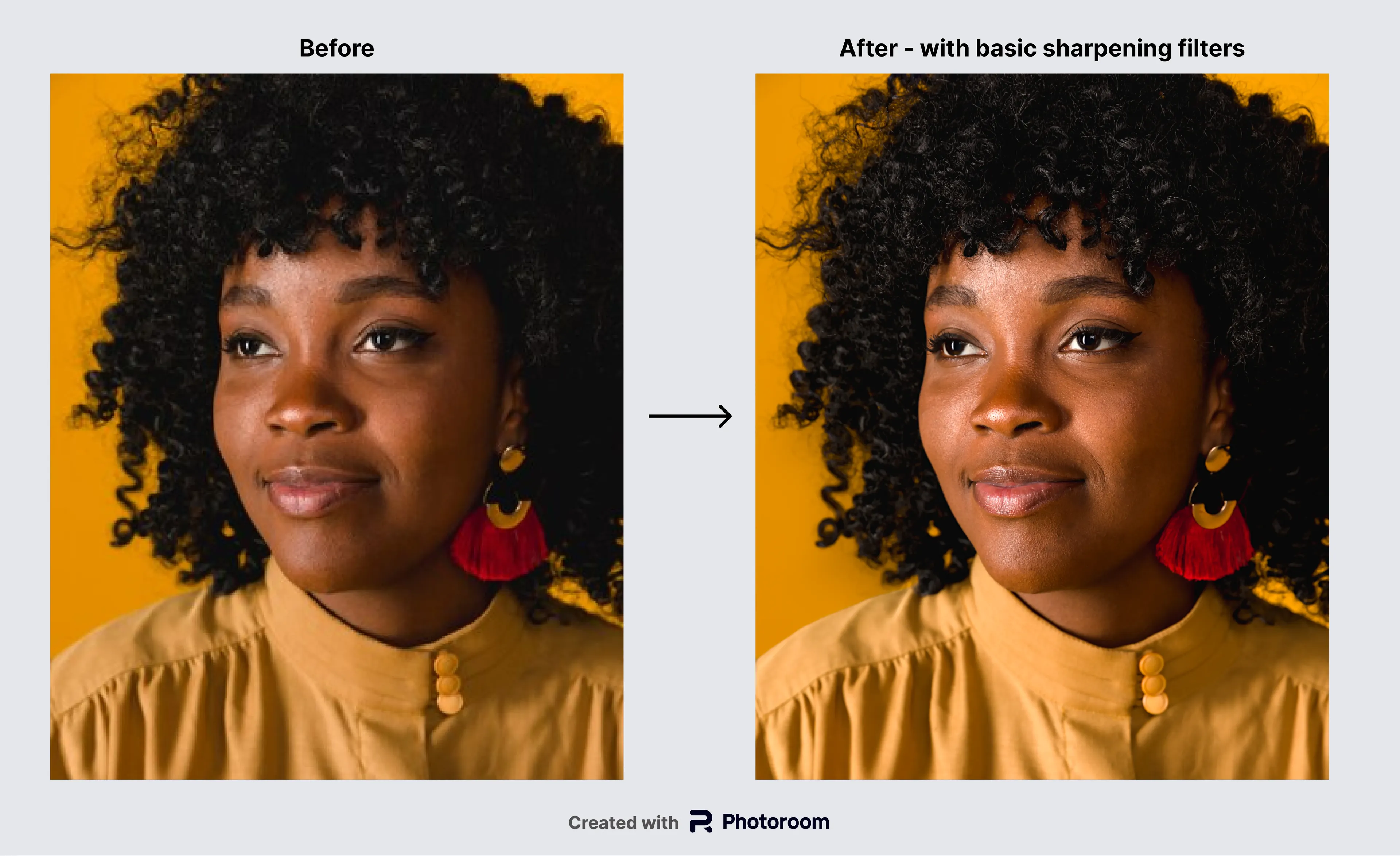 Alt text: Before and after portraits of a woman with a yellow background. The "Before" image is less defined, while the "After" image has basic sharpening filters applied, enhancing the clarity and details of the woman's features and her curly hair. Both images are labeled accordingly and include the Photoroom logo.
