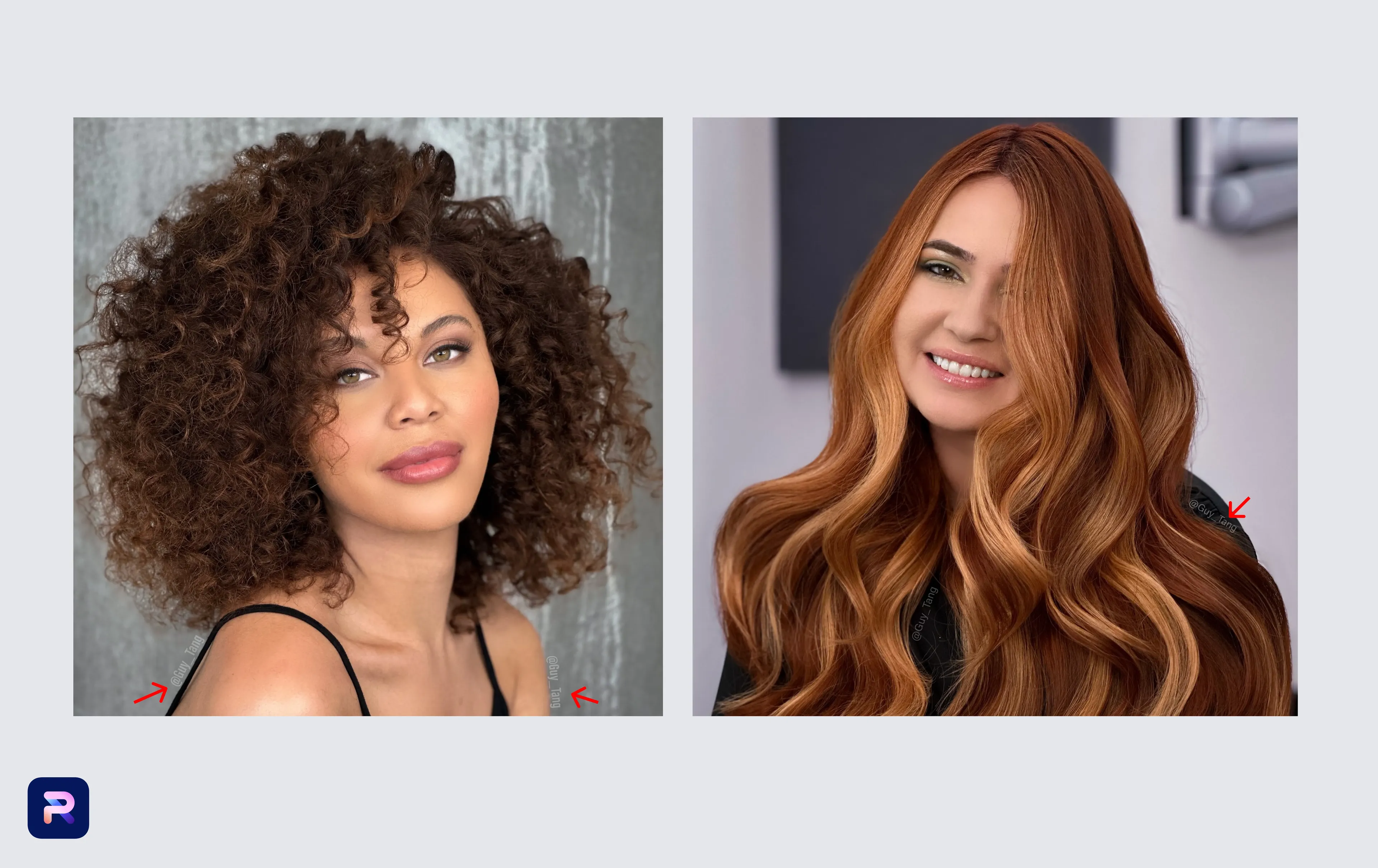 Two women with hair makeovers, with red arrows indicating watermarks on their clothing to demonstrate the use of watermarks for image protection or branding. On the left, a watermark near the tank top of a woman with curly hair, and on the right, a watermark on the blazer of a woman with auburn hair.
