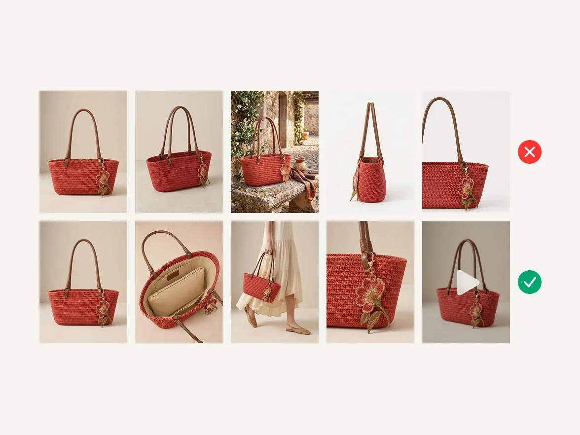 Two rows of product photos of a red woven bag: one row of similar angles marked wrong, one varied row marked right